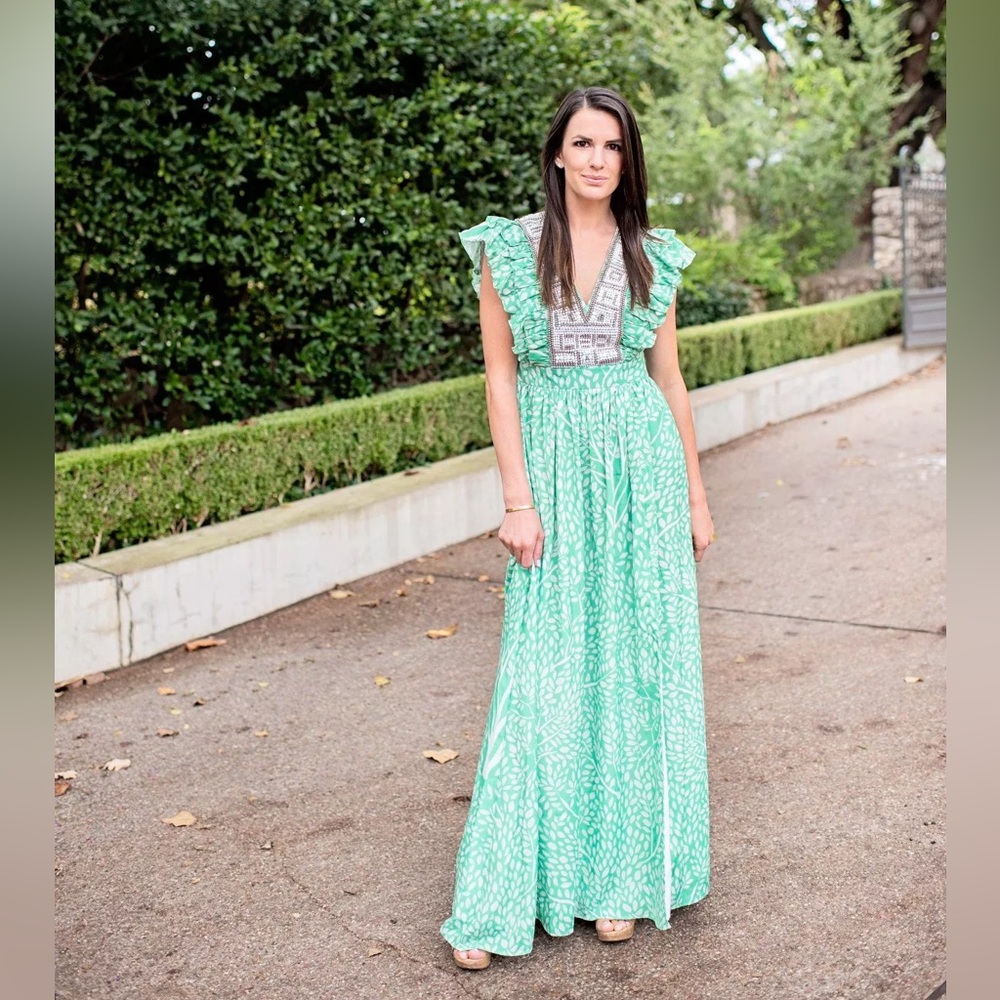Sheridan French Stacey Dress in Green + White Trees